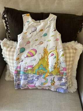 Dr. Seuss White Sleeveless Dress with Multicolor Balloon & Castle Print